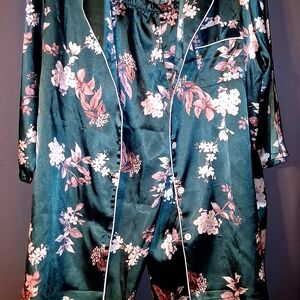 Green Floral Satin Pajama Top with Pink Blossom Print